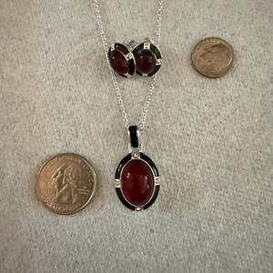 Avon East End Red Faux Stone Pendant Necklace and Earring Set